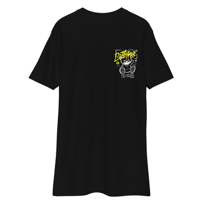 Front view of a black t-shirt featuring a small graffiti-inspired bear graphic with neon yellow and white text on the chest.