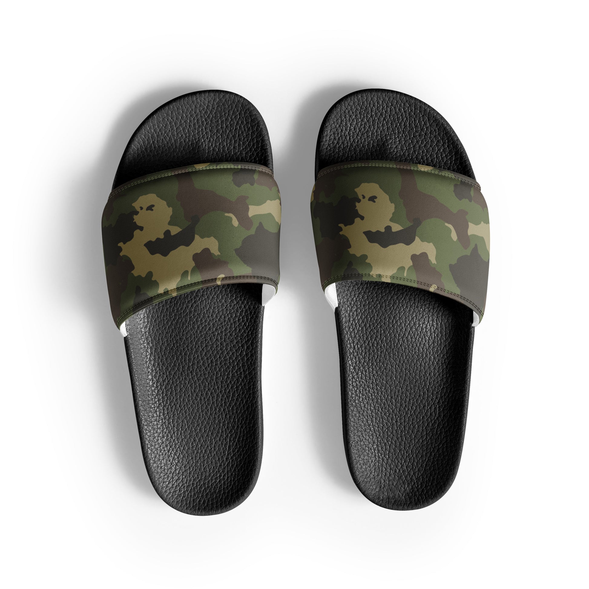 Close-up of the camo slide sandals showing the detailed pattern and durable stitching.