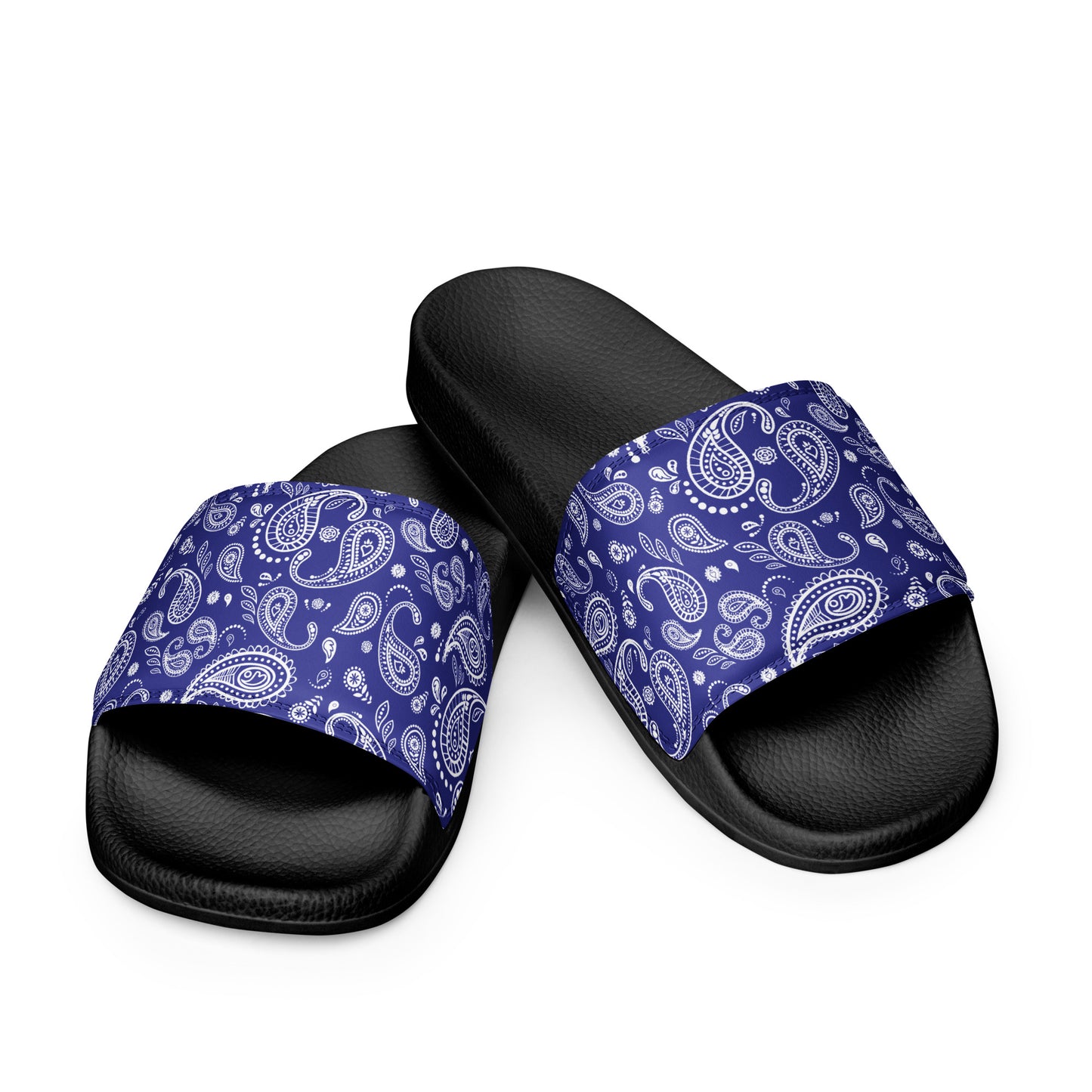 Men's blue bandana slide sandals with a blue and white bandana design, featuring a black footbed and vibrant strap.