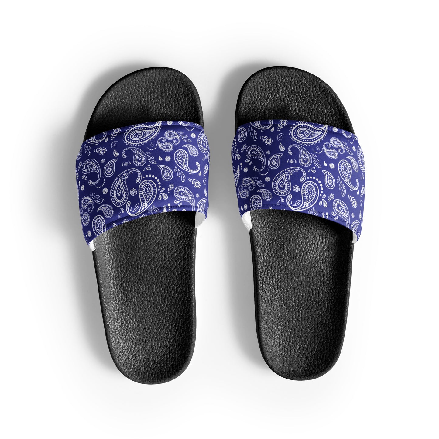 Close-up of the blue bandana slide sandals showing the detailed pattern and durable stitching.