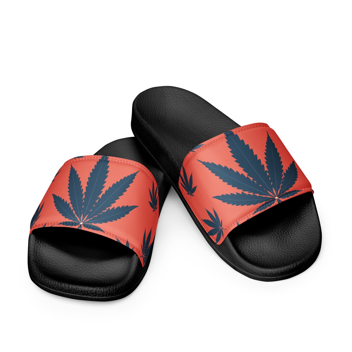 Men's weed leaf slides with a bold weed leaf design, featuring a black footbed and vibrant strap.