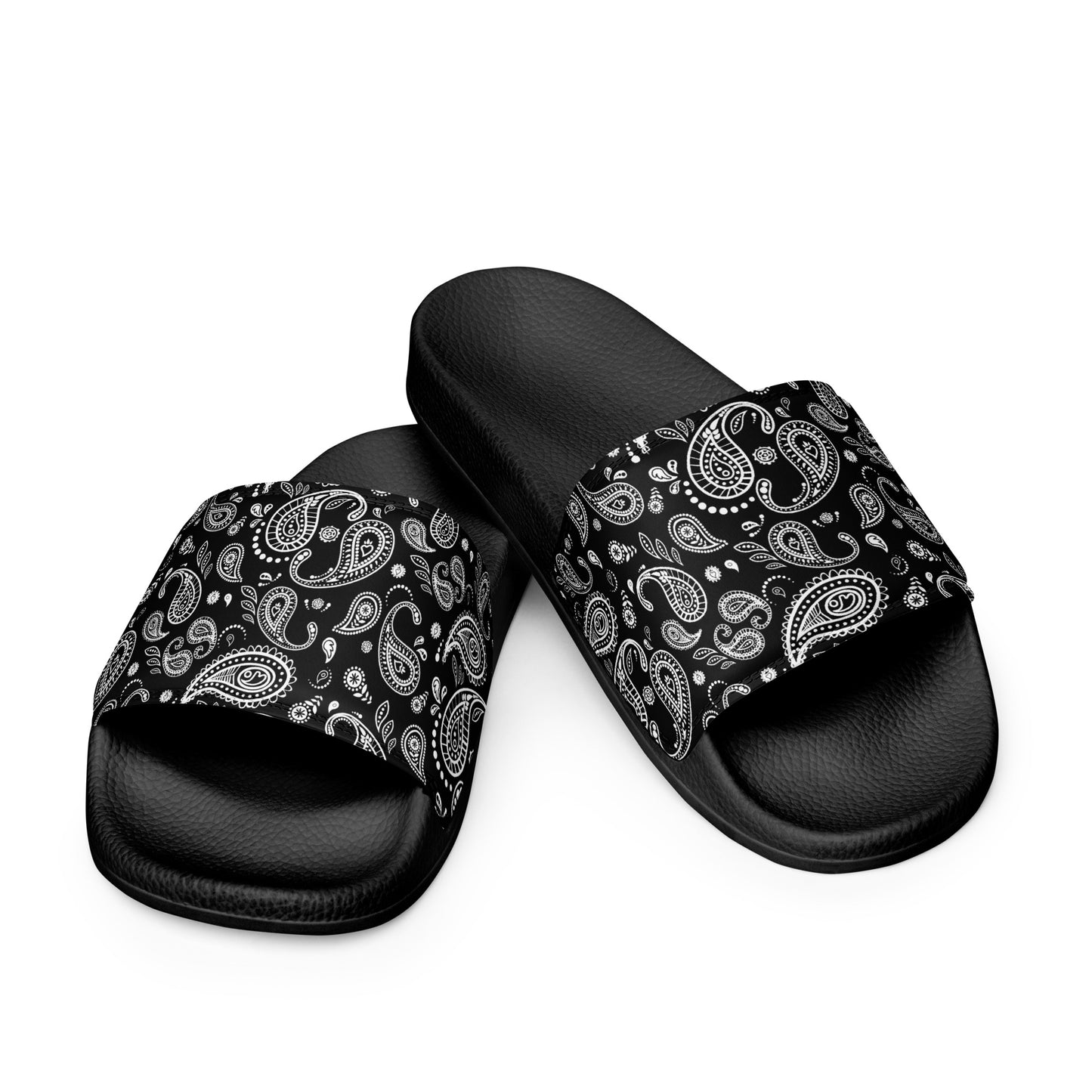 Men's black bandana slide sandals with a black and white bandana design, featuring a black footbed and vibrant strap.