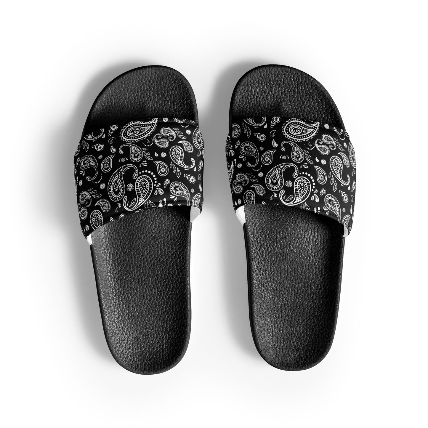 Close-up of the black bandana slide sandals showing the detailed pattern and durable stitching.