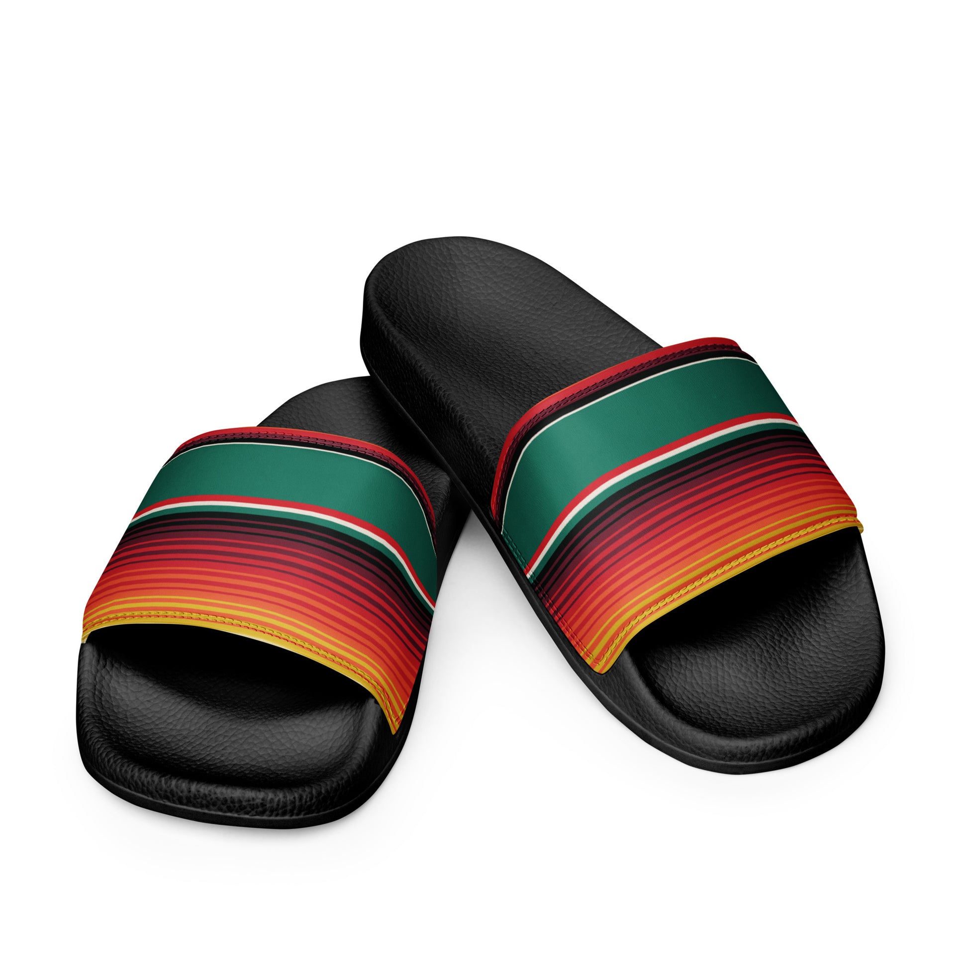 "Men’s Serape Style Slides with colorful serape pattern on robust faux leather."