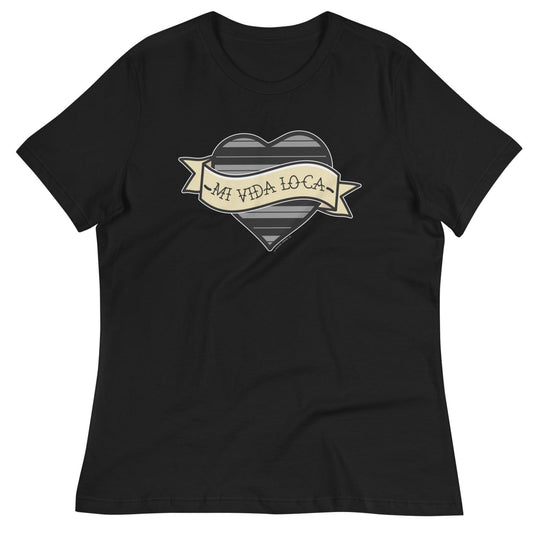  Black Mi Vida Loca Chola Heart T-Shirt featuring C Brown stripes, inspired by lowrider culture and Chicana streetwear. Available in S-3XL.