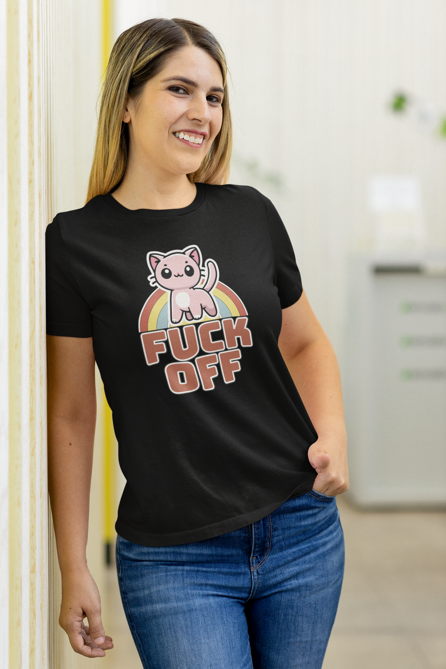 Smiling woman wearing the Cute Kitten 'F*** Off' Women's T-Shirt in Black, showcasing a playful kitten design and vibrant colors.