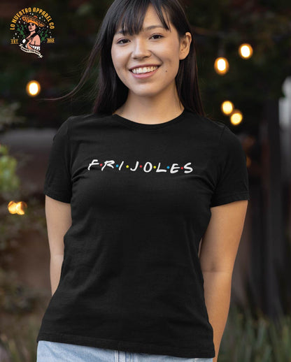 Young and beautiful Hispanic model wearing a black Frijoles Tshirt. This is a parody of the FRIENDS logo in a Chicano Clothing twist. Meant to be a funny Mexican T Shirt.