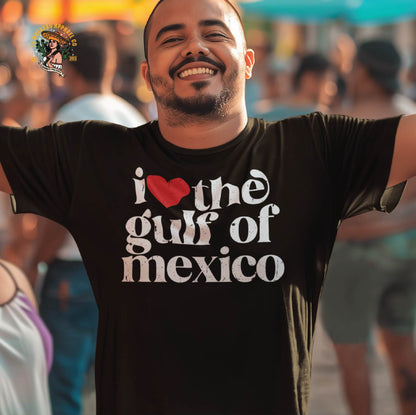 A Hispanic male model wearing a black I Love The Gulf of Mexico t-shirt. Part of our Funny Shirts and funny Mexico shirts line of premium men's shirts.