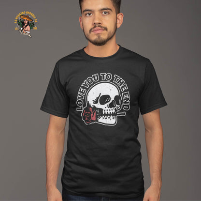 A model wearing the Skull and Roses Shirt featuring a distressed look. Our Chicano Clothing line features Funny Mexican Shirts and much more.