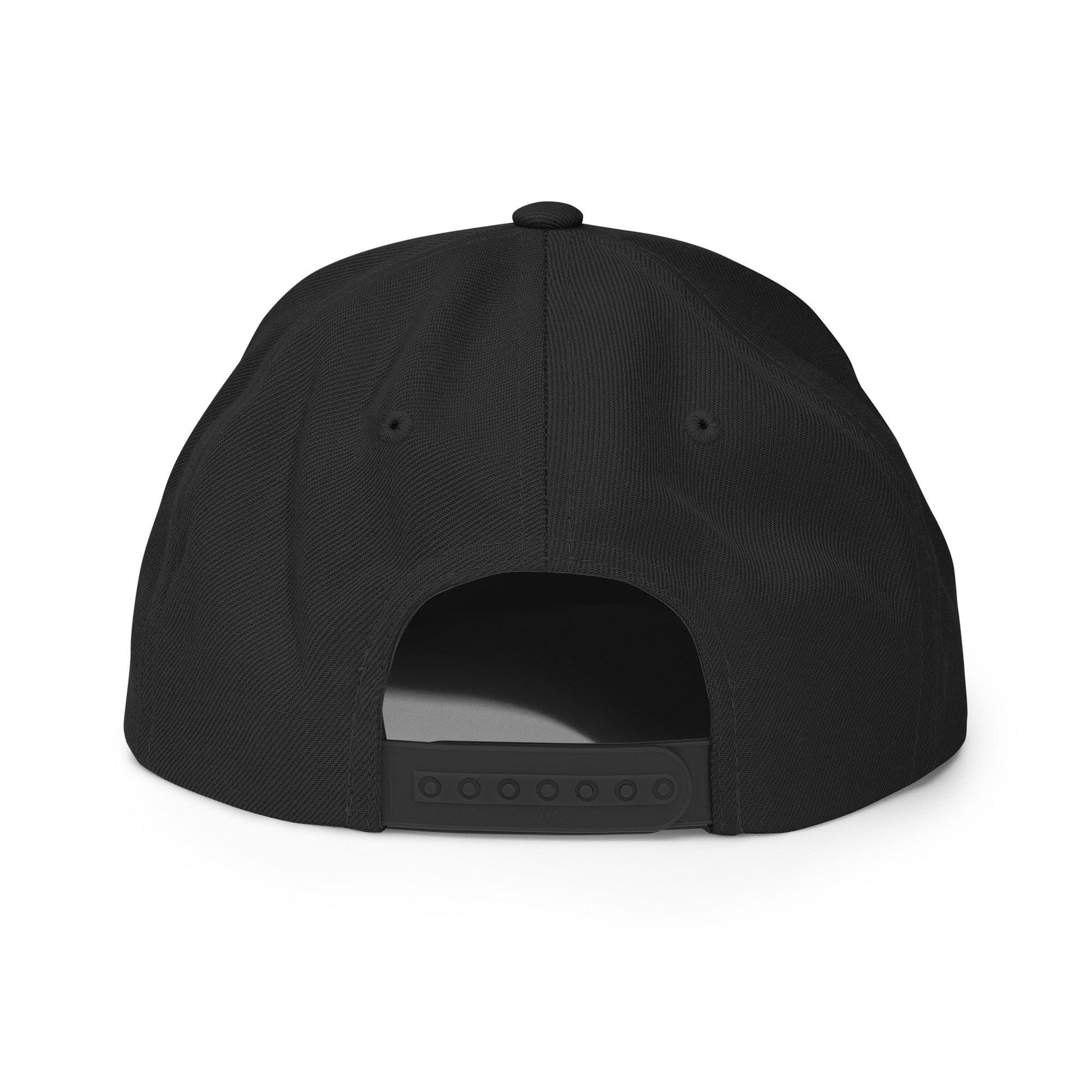 Back view of black No Cerveza No Trabajo snapback with adjustable strap.