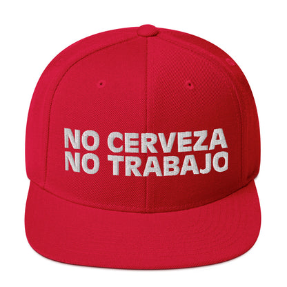 Front view of red No Cerveza No Trabajo hat with white embroidered text.