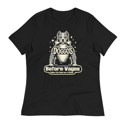 Doggos Before Vagos women’s t-shirt flat lay on white background showing full pitbull graphic