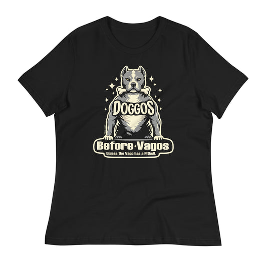 Doggos Before Vagos women’s t-shirt flat lay on white background showing full pitbull graphic
