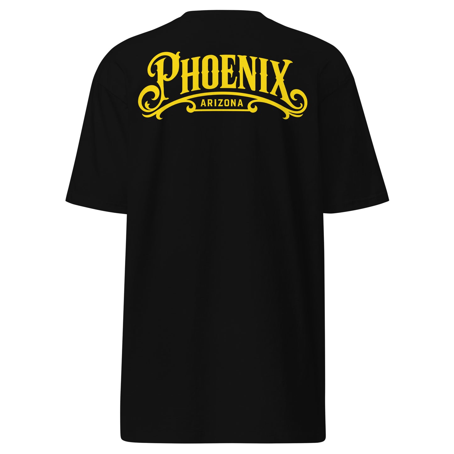 Black Phoenix California plaque T-shirt back on a white background featuring a large Old English style Phoenix design.