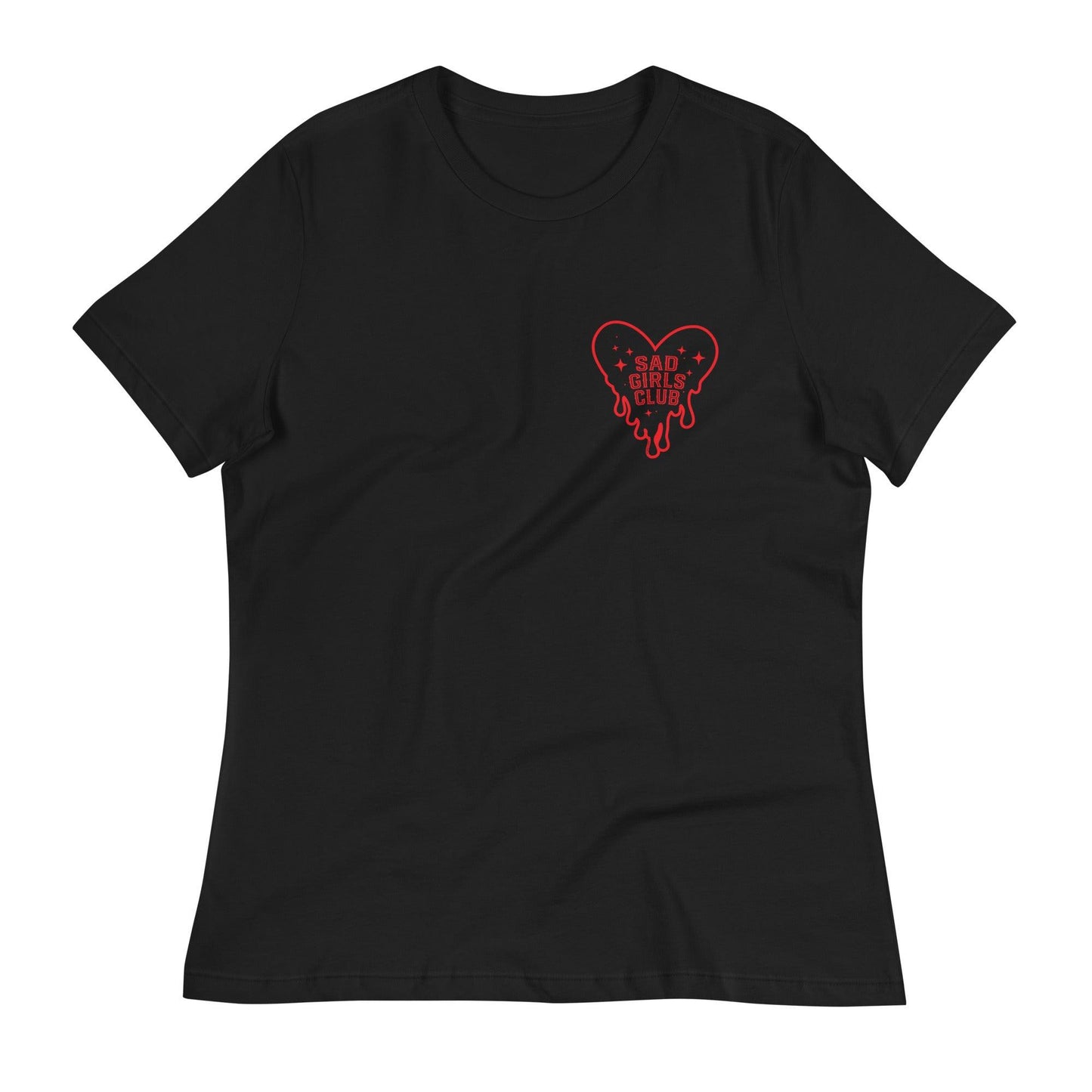 Black t-shirt with a red melting heart and "Sad Girls Club" pocket design, inspired by alternative fashion and tattoo art.