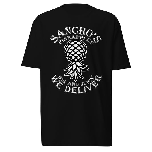 A black shirt with our Sancho's Pineapples design. Upside down Pineapple shirts for those who know.