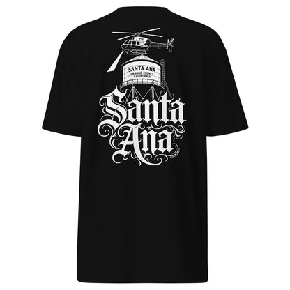 Front view of black Santa Ana Old English T-shirt displayed on white background.