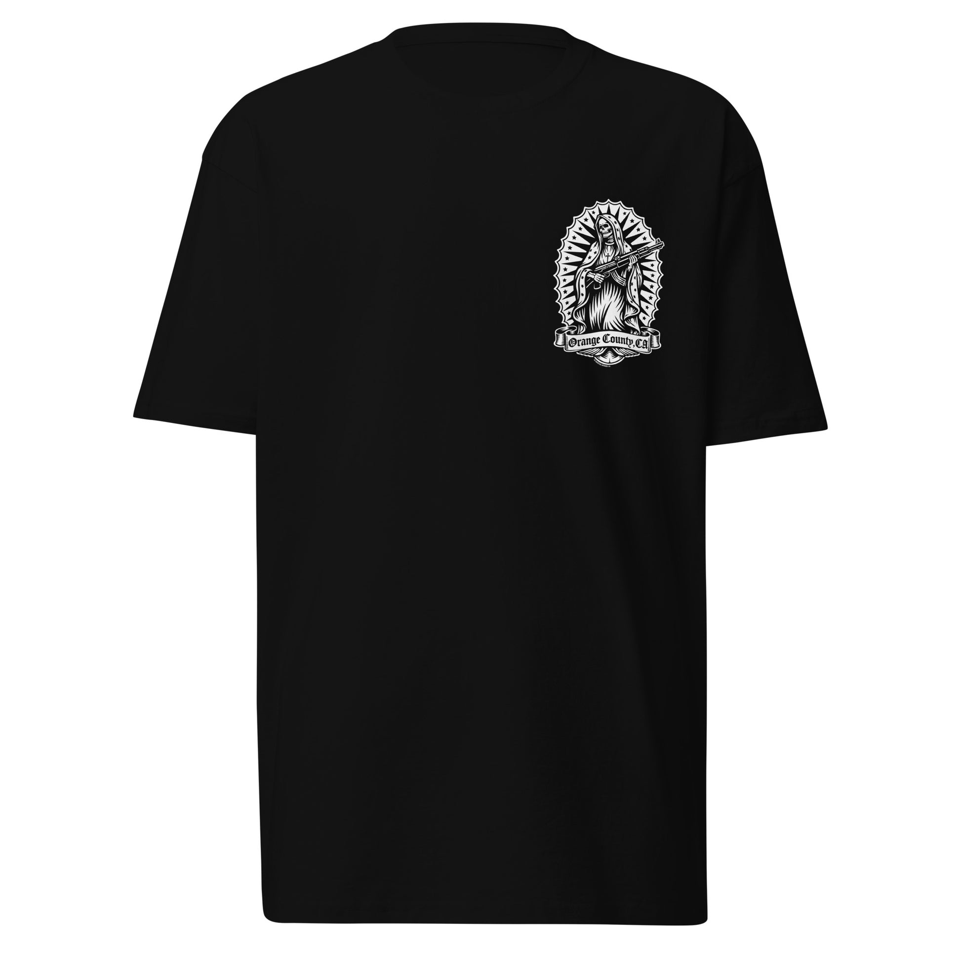 Santa Muerte inspired skull graphic on left chest pocket of black t-shirt displayed on white background