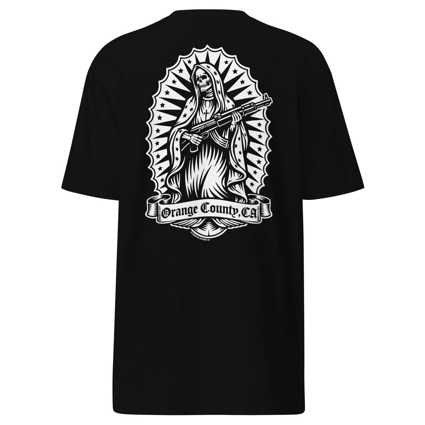 Santa Muerte Virgen style skull graphic with Orange County CA text on back of black t-shirt on white background
