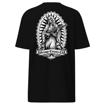 Santa Muerte Virgen style skull graphic with Orange County CA text on back of black t-shirt on white background