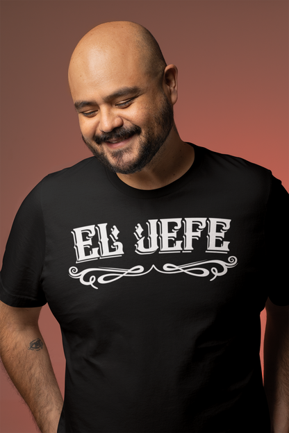 Model wearing the "El Jefe" T-shirt to show the relaxed fit and comfortable style.