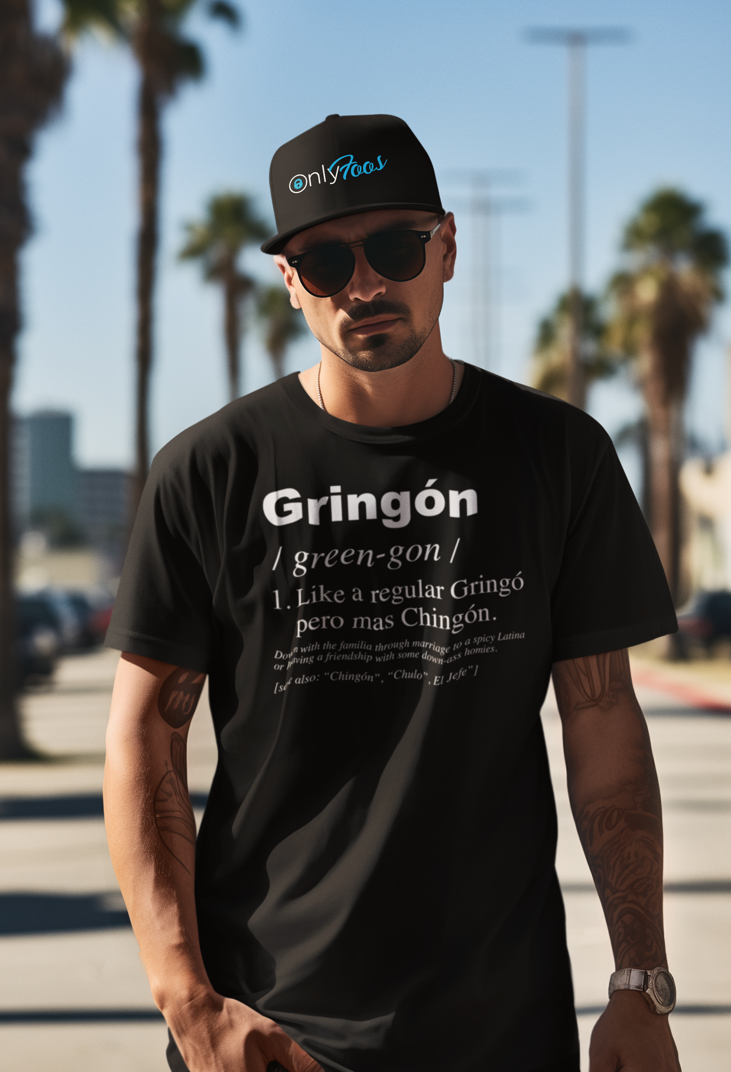 Full-body shot of a relaxed fit "Gringón" T-shirt, perfect for family gatherings.