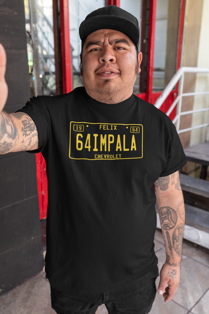 Model showcasing the relaxed fit and stylish design of the "64 Impala" T-shirt.