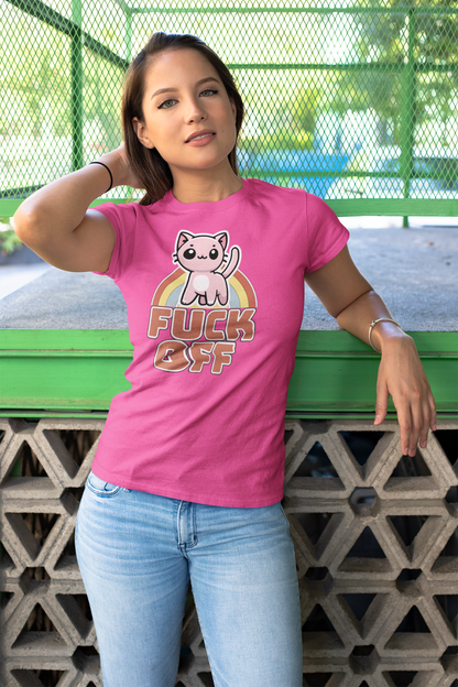 Young woman fixing her hair while wearing the Cute Kitten 'F*** Off' Women's T-Shirt in Berry, featuring a fun and bold kitten graphic.