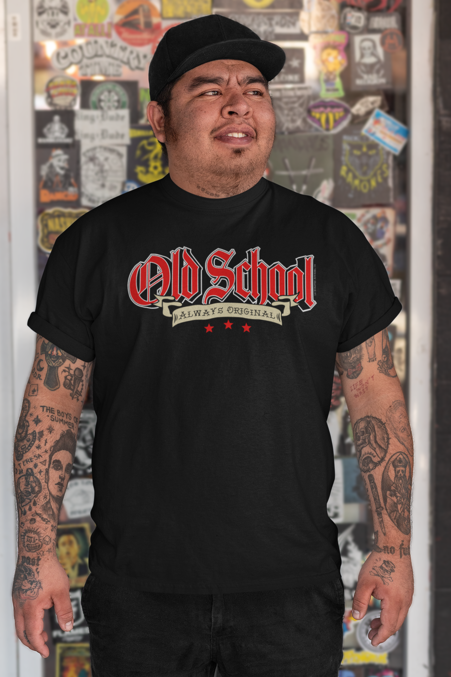 Model wearing the "Old School Always Original" T-shirt to show the relaxed fit and comfortable style.