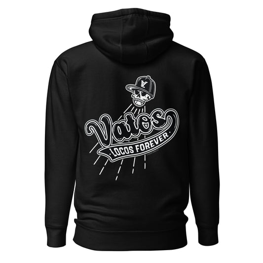 Black hoodie with "Vatos Locos Forever" front and back print, stylish Chicano apparel.