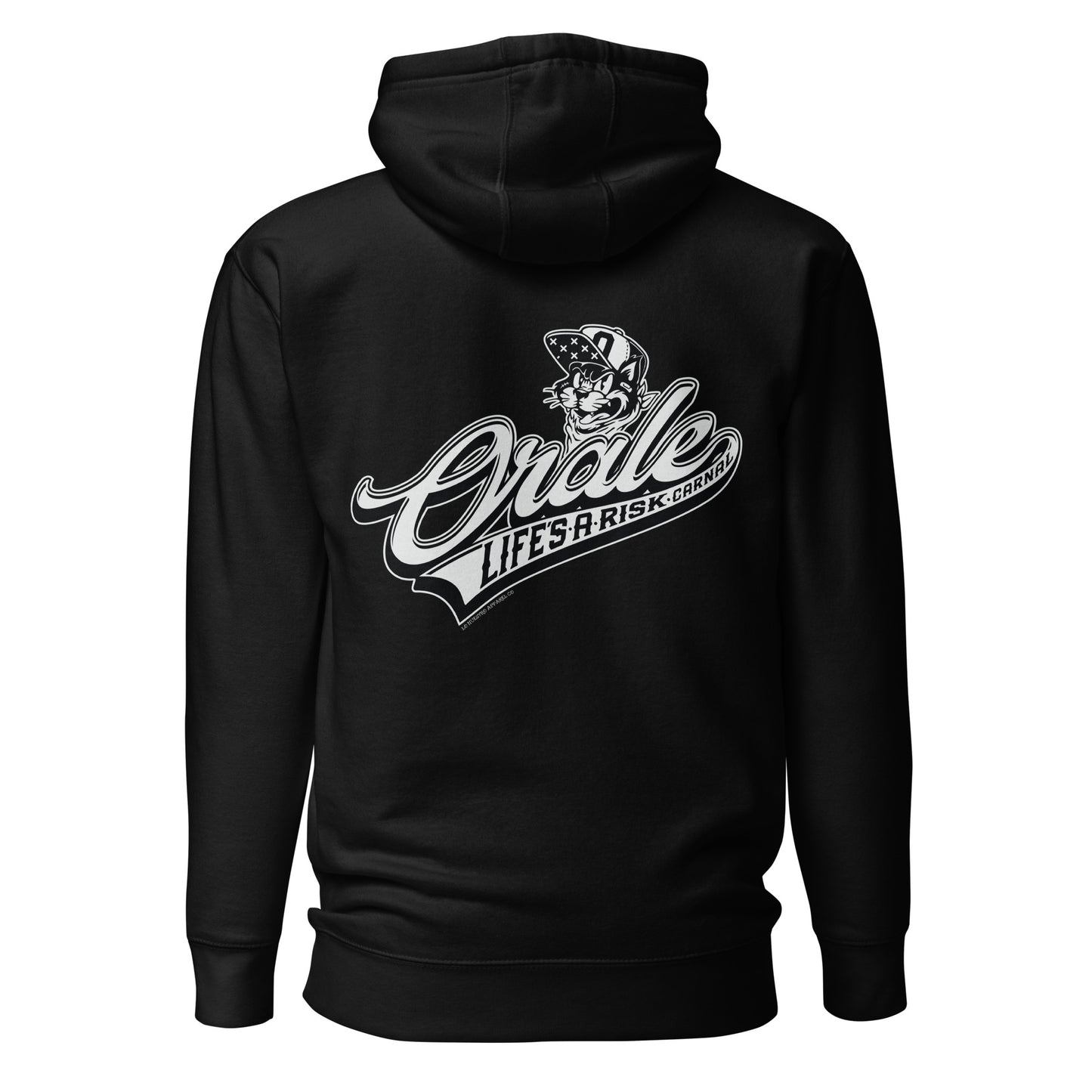 Black hoodie with "Life’s a Risk Carnal" front and back print, stylish Chicano apparel.