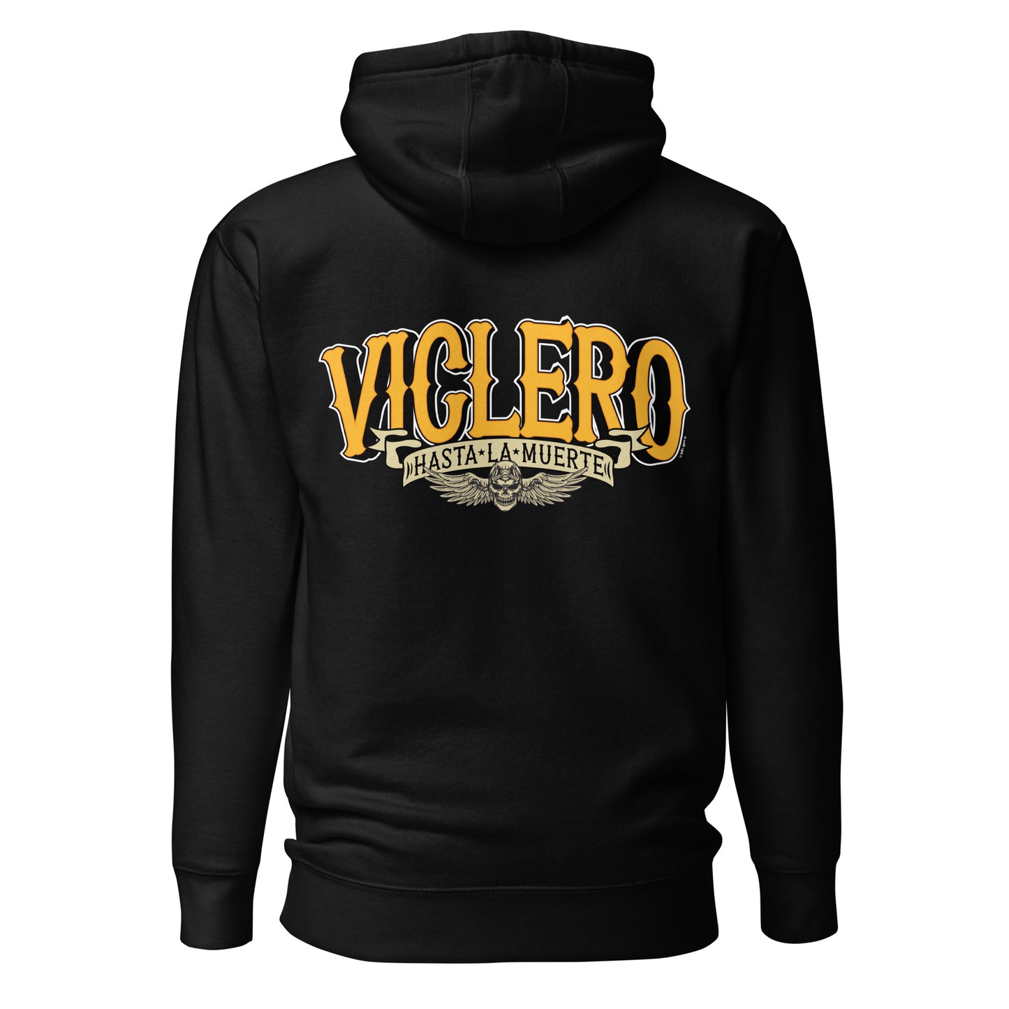 Black hoodie showcasing Viclero Hasta La Muertue graphic.