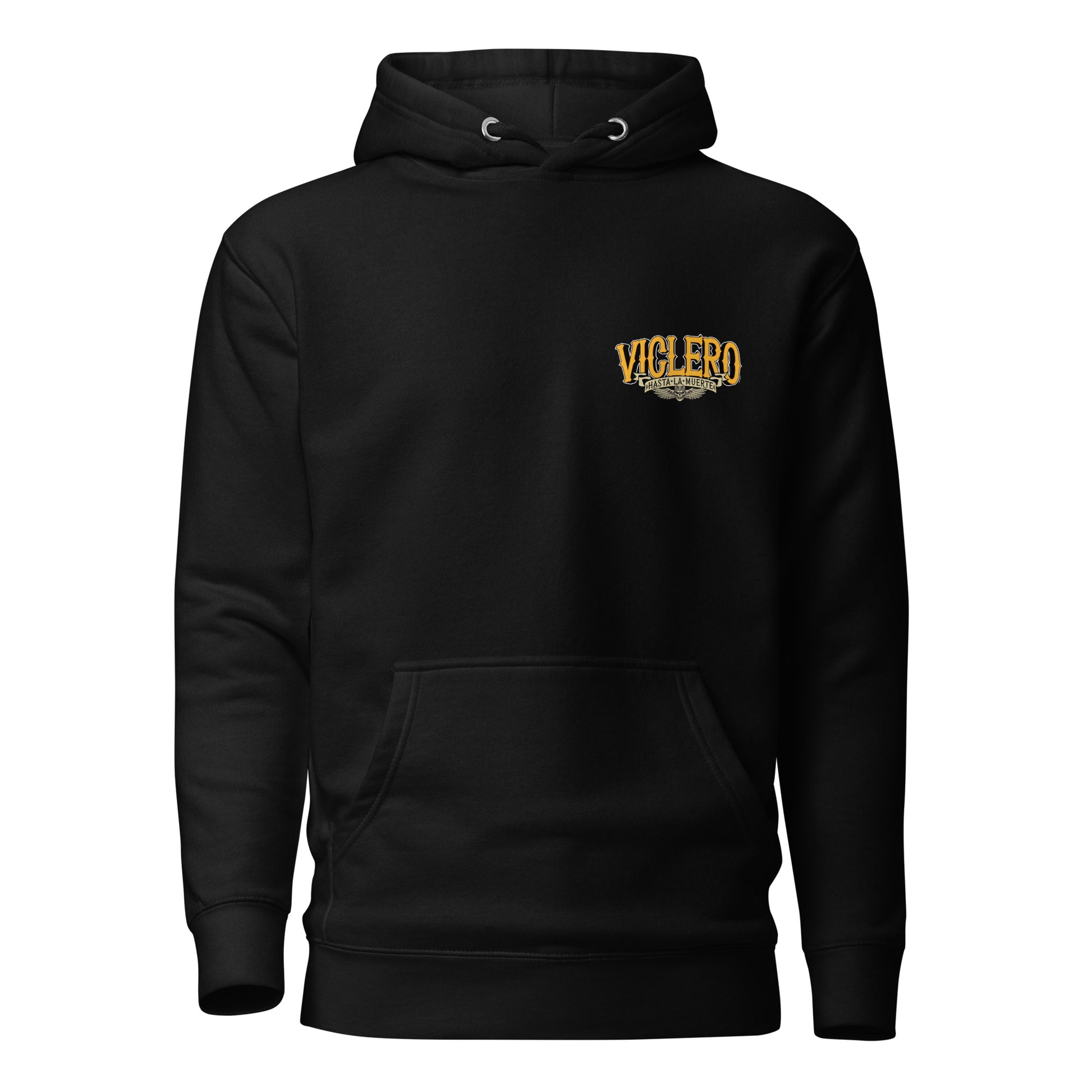 Black hoodie laid flat showing a Viclero Hasta La Muerte Text.