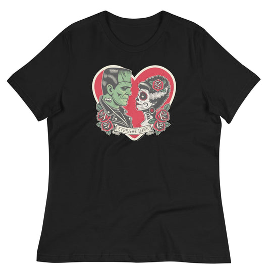 Valentine’s Day women’s t-shirt featuring a tattoo-style heart design with a greaser and his Día de los Muertos bride, symbolizing eternal love.