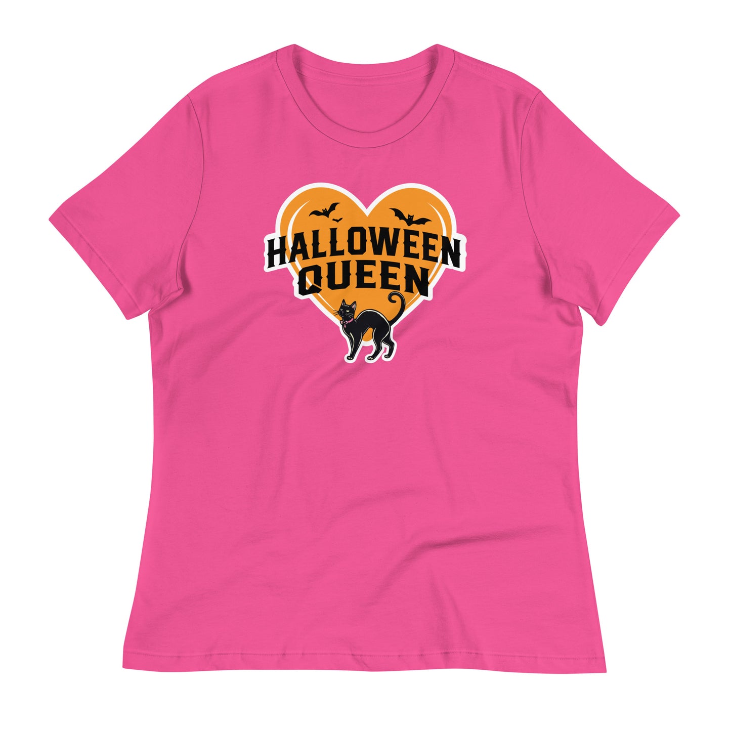 Halloween Queen' Women’s T-Shirt in vibrant Berry color, featuring a playful black cat, bats, and orange heart design for a fun Halloween look.