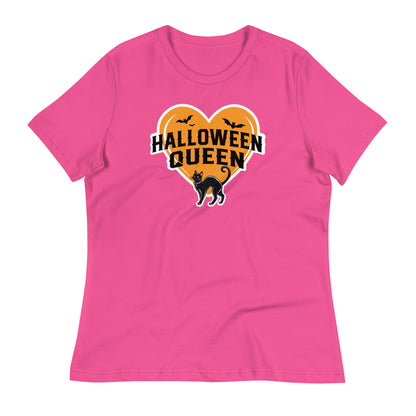 Halloween Queen' Women’s T-Shirt in vibrant Berry color, featuring a playful black cat, bats, and orange heart design for a fun Halloween look.