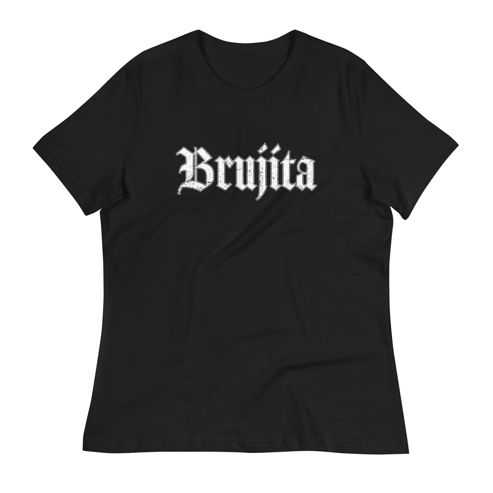 Brujita Women's Distressed Halloween T-Shirt flat lay – Black tee with white 'Brujita' text in Old English distressed font