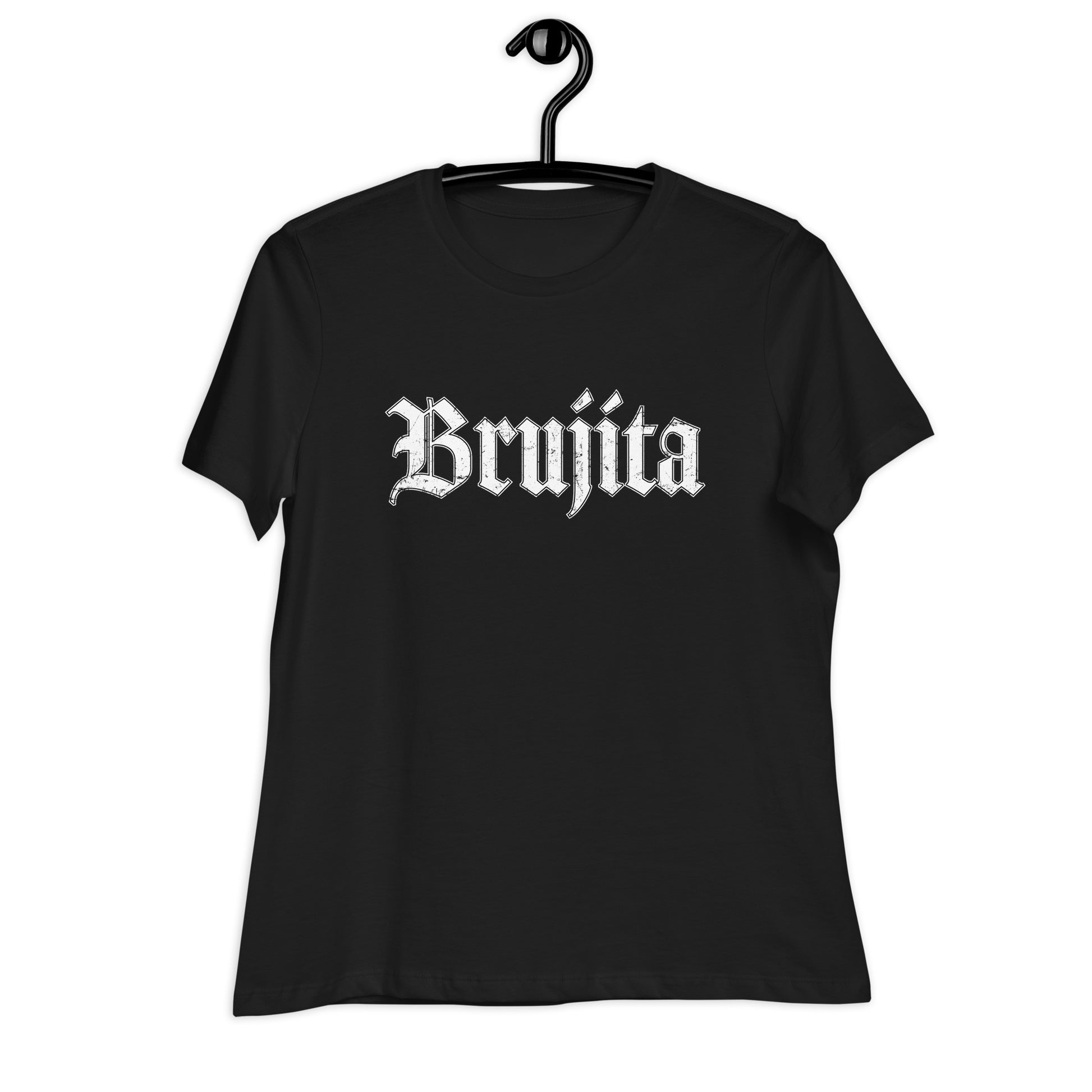 Brujita Women's Distressed Halloween T-Shirt on hanger – Old English font, black tee with white distressed text