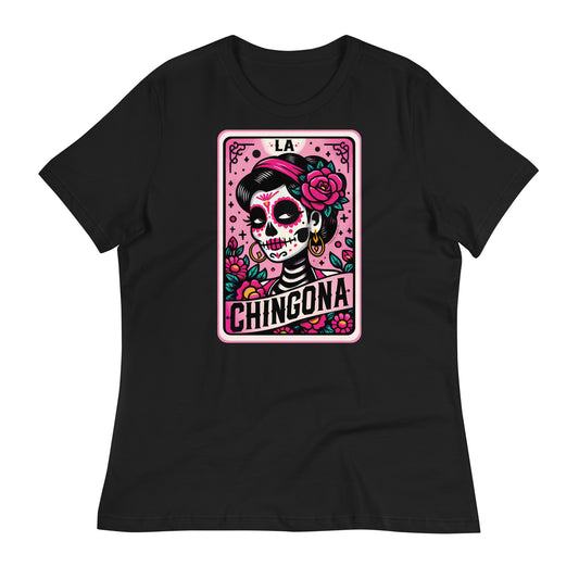 A black women's relaxed t-shirt featuring a vibrant Dia de los Muertos tarot card graphic with the text 'La Chingona.'