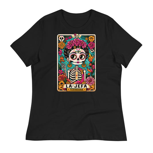 A black women's relaxed t-shirt featuring a vibrant Dia de los Muertos tarot card graphic with the text 'La Jefa.'