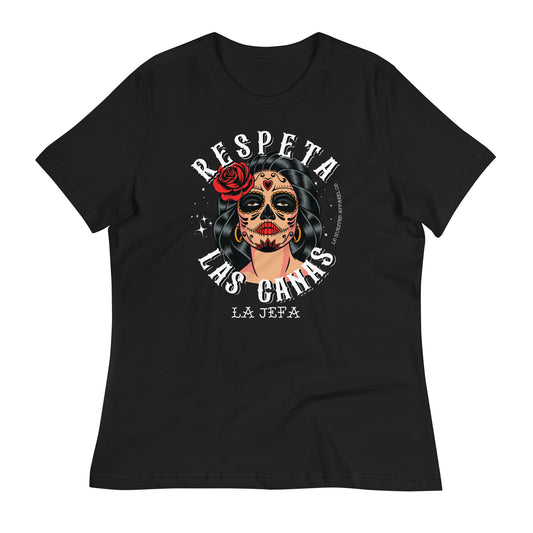 A black women's relaxed t-shirt featuring a vibrant Dia de los Muertos design with the text 'Respeta Las Canas.