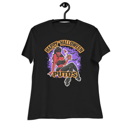 Black T-shirt with a colorful devil girl graphic and the text "Happy Halloween Putos" in orange and purple splatter design, hanging on a black hanger.