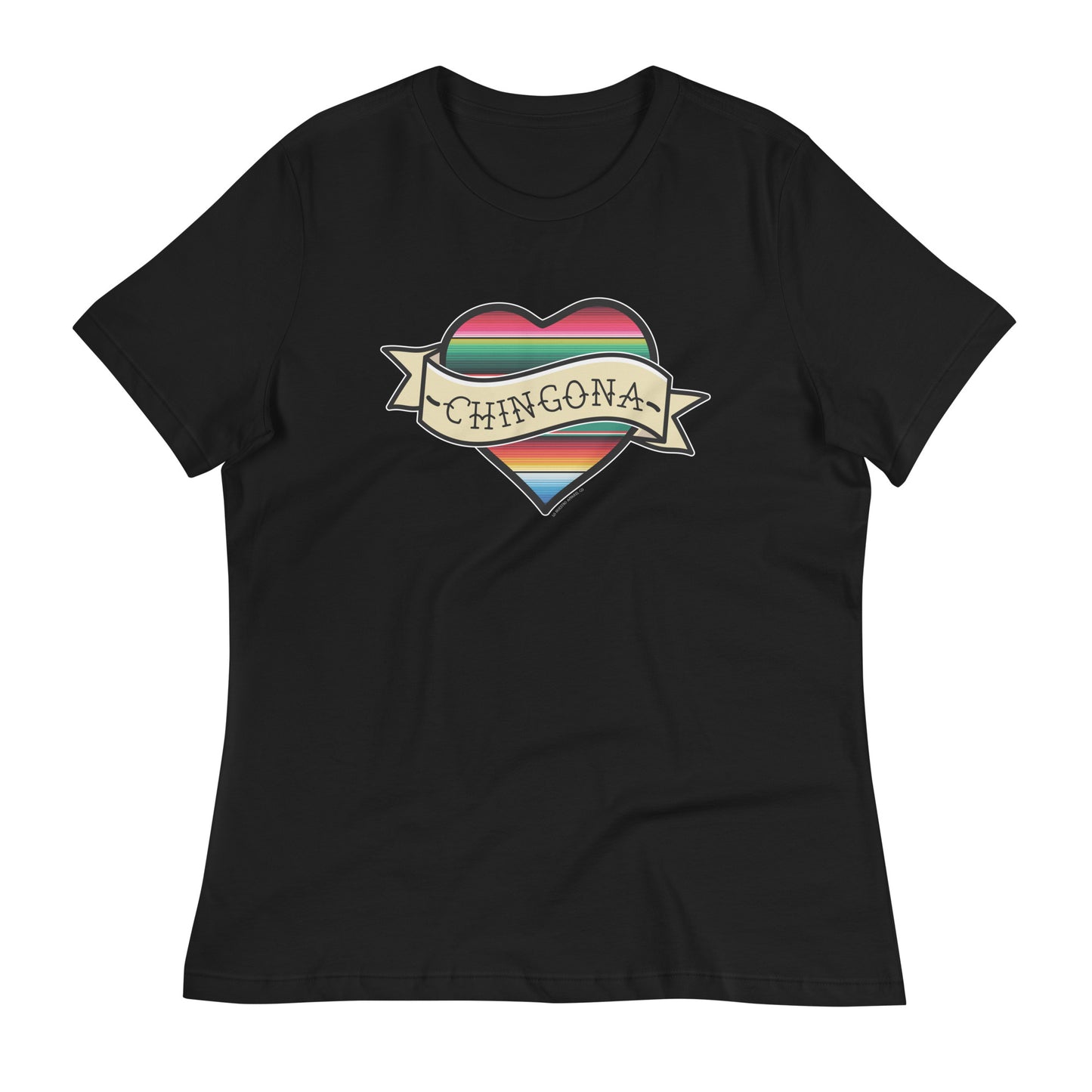 Black women's T-shirt with a vibrant serape heart graphic and bold 'Chingona' text.