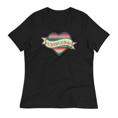 Black women's T-shirt with a vibrant serape heart graphic and bold 'Chingona' text.