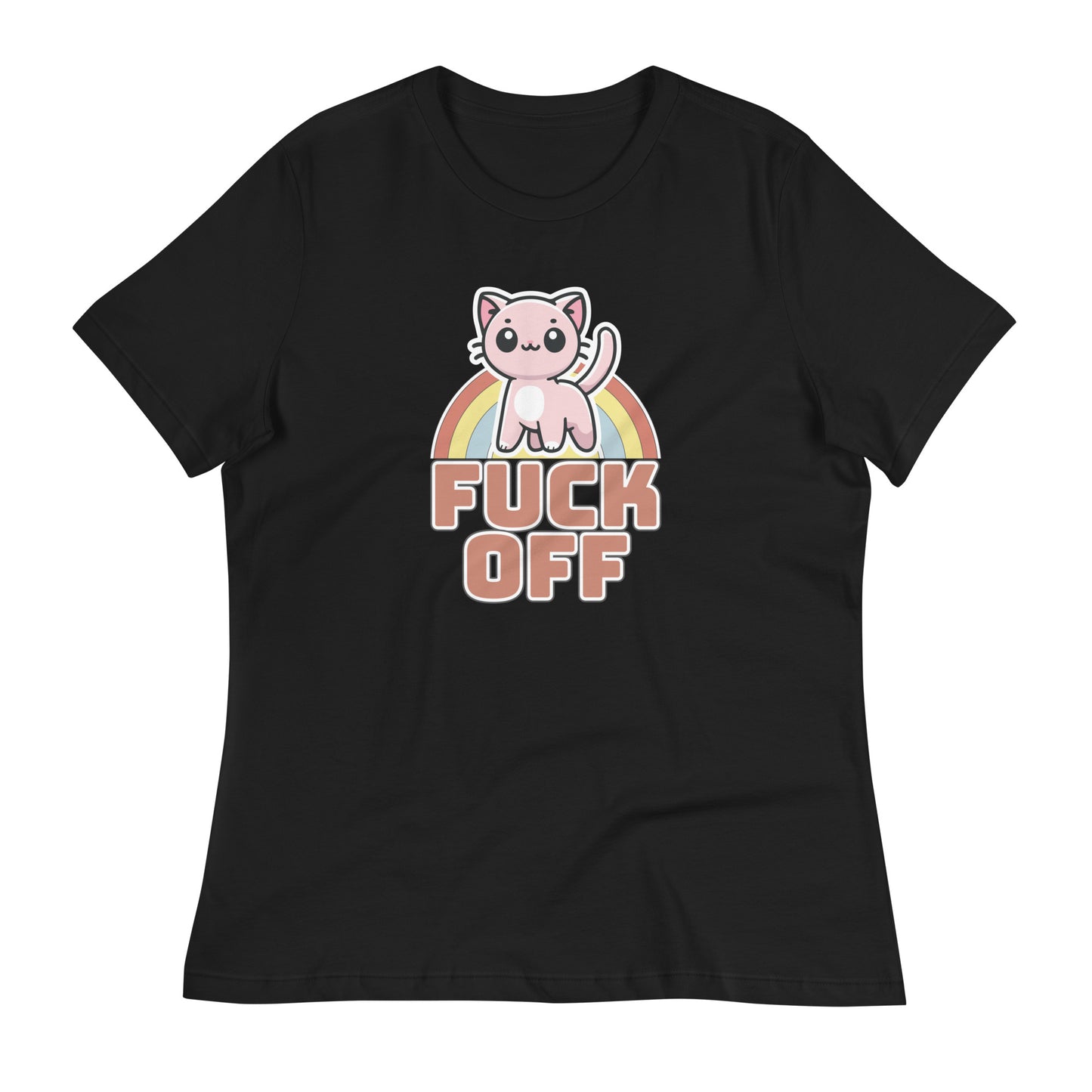 Cute Kitten 'F*** Off' Women's T-Shirt in classic Black, showcasing a playful kitten design with a colorful rainbow and a direct message.