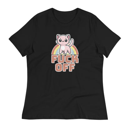 Cute Kitten 'F*** Off' Women's T-Shirt in classic Black, showcasing a playful kitten design with a colorful rainbow and a direct message.