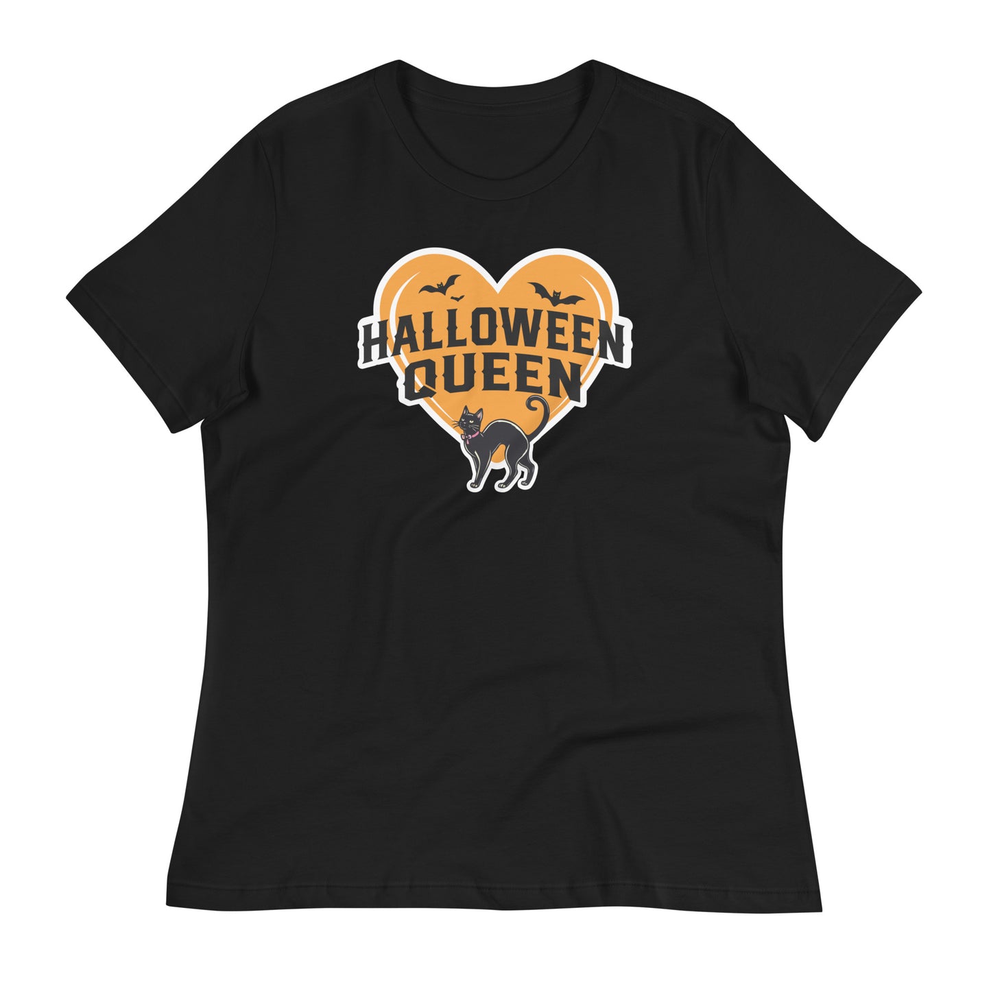 Halloween Queen' Women’s T-Shirt in classic Black, displaying a bold orange heart with a black cat and bats, perfect for embracing spooky vibes.