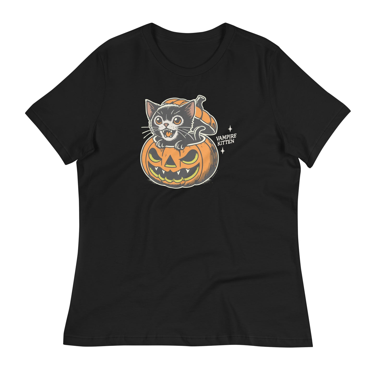 Vampire Kitten Halloween T-Shirt in Black, featuring a charming vampire kitten peeking out of a jack-o'-lantern. Ideal for those looking to mix a little spooky and cute this Halloween.