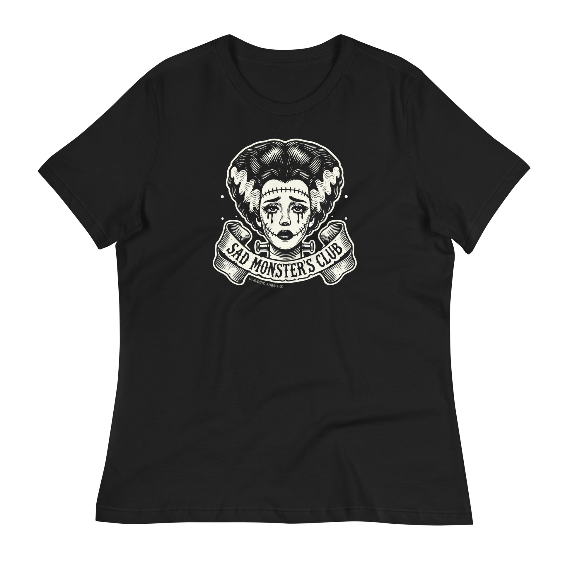 Black women's t-shirt featuring a retro tattoo-style design of the Bride of Frankenstein with the text 'Sad Monster's Club' in a banner below. The shirt is laid flat on a white background.