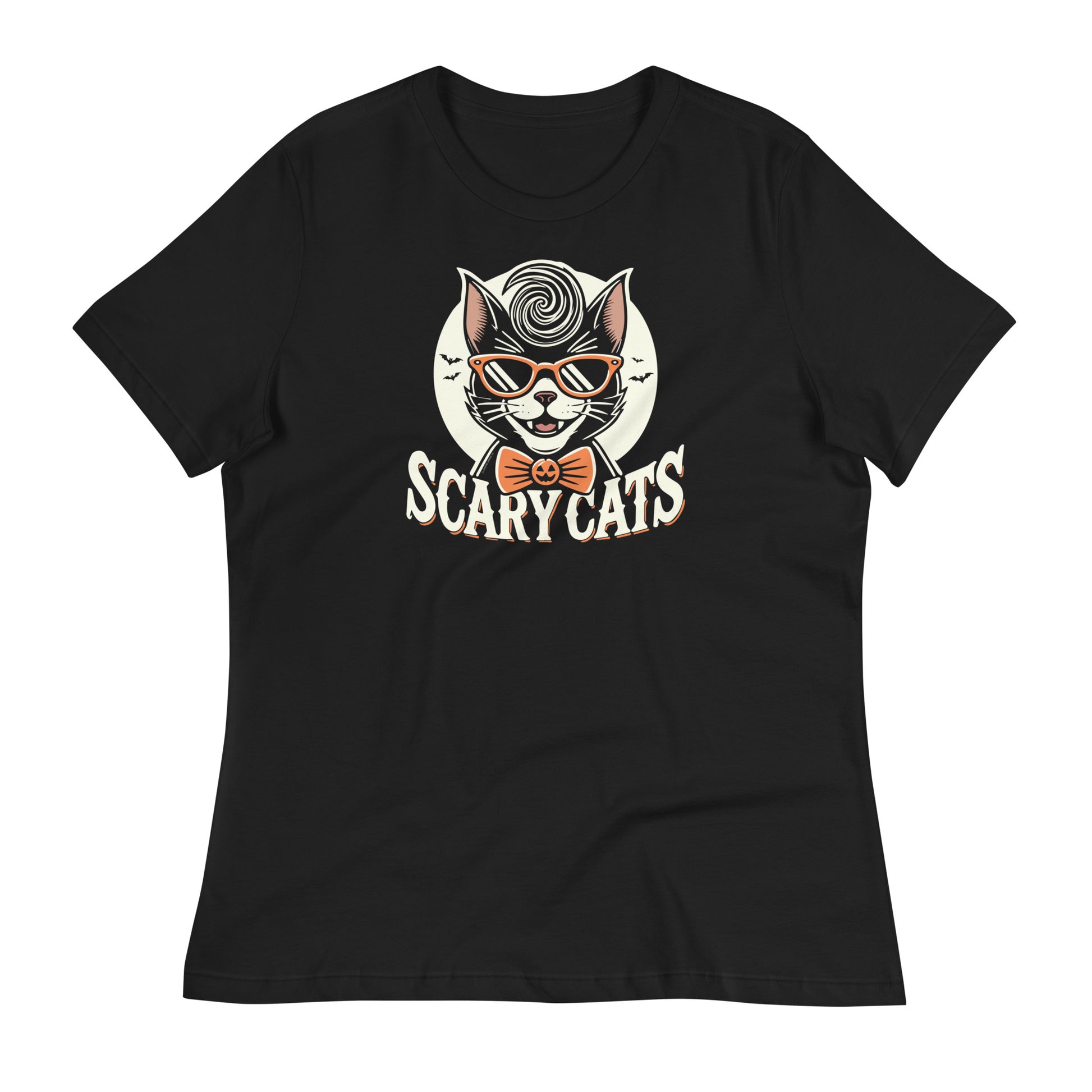 Black women's t-shirt featuring a retro Halloween design with a cool cat in a 1950s greaser style, wearing a jack-o-lantern bow tie. The text 'Scary Cats' is displayed in vintage Halloween font.